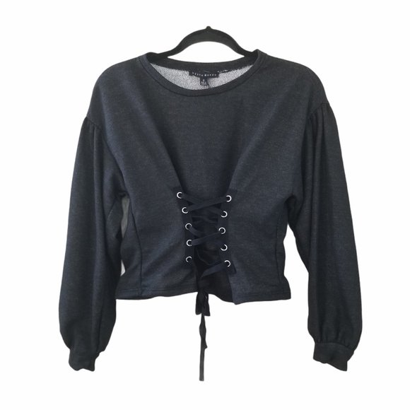Haute Monde Gray Crop Top Lace Up Front Size Small - Picture 1 of 4